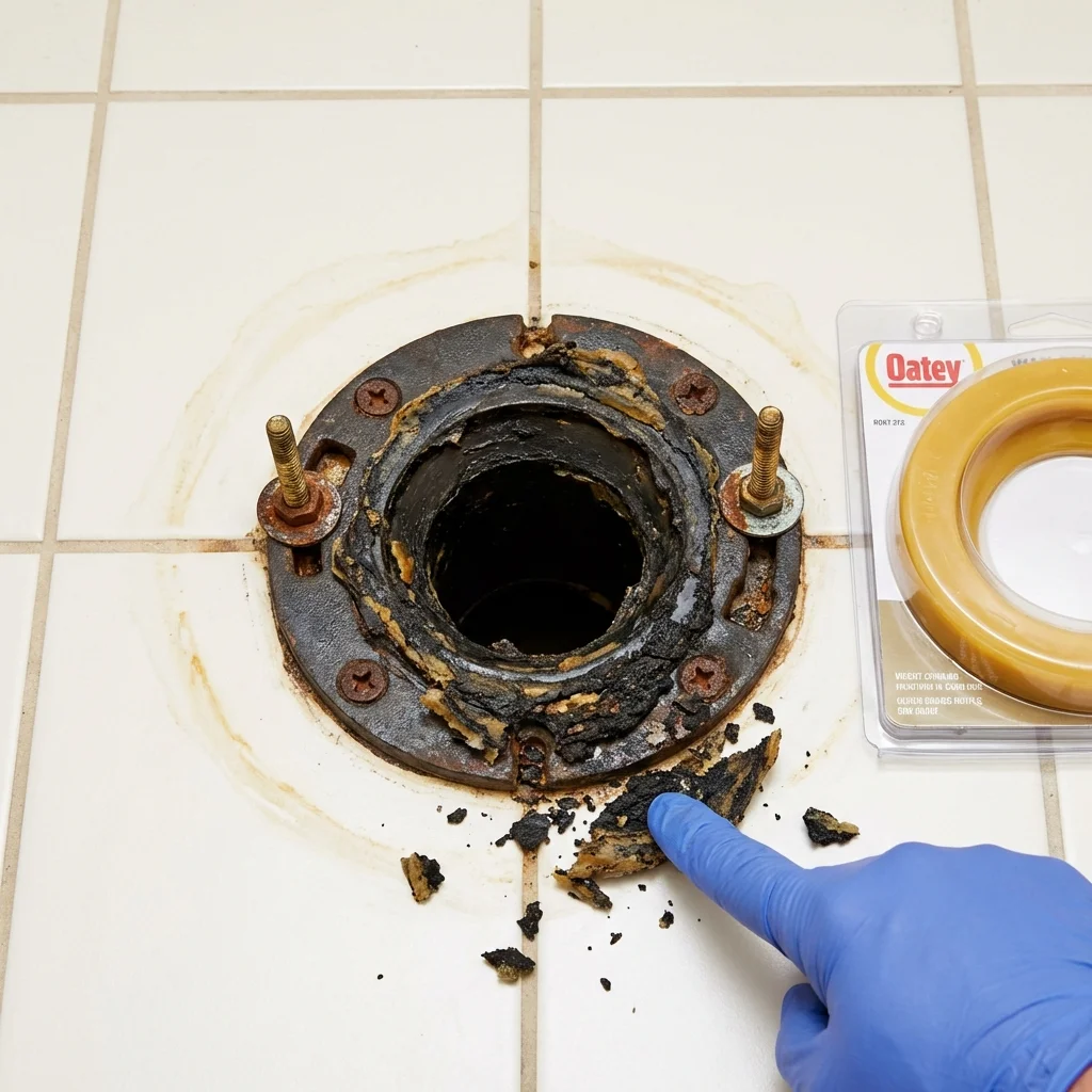 Failed wax ring showing water seepage at the base of a toilet in a West Liberty, OH home