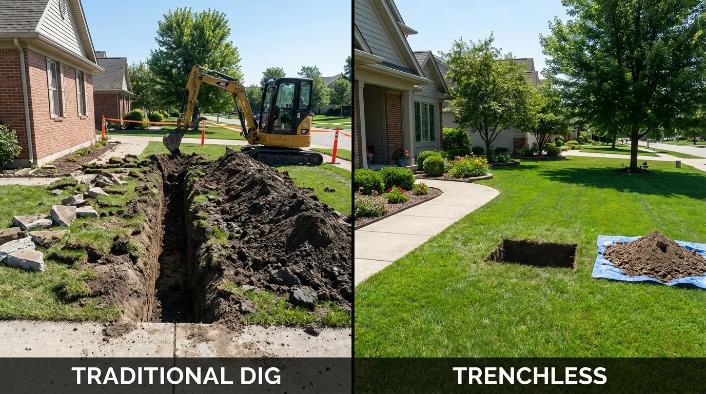 Trenchless sewer repair with minimal yard damage versus traditional excavation in West Liberty, OH