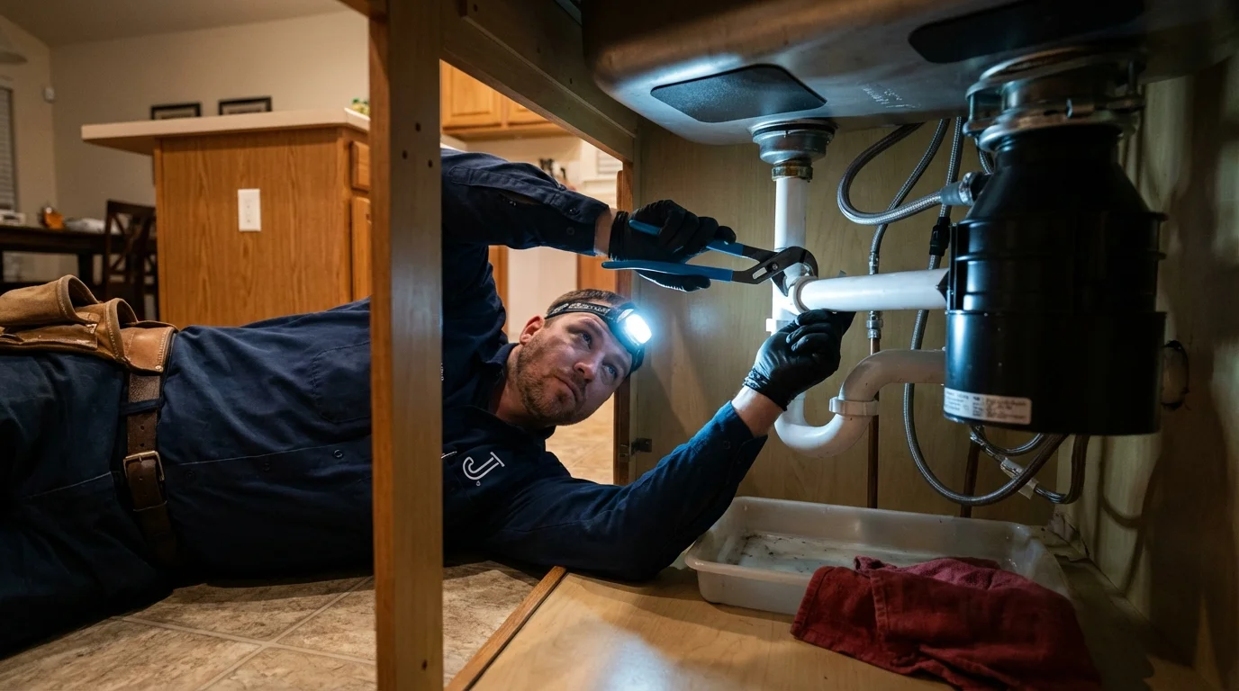 P-trap and supply line connections under a kitchen sink showing a common leak point in West Liberty, OH